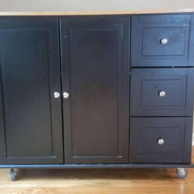 Black Kitchen Cart with Natural Wood Top, Drawers, and Storage Cabinets