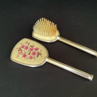 Mid Century Floral Design Hand Mirror & Brush Set