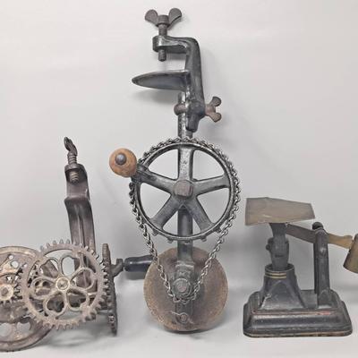 Antique Tools:  Hand Crank;  Apple Parer; and Scale