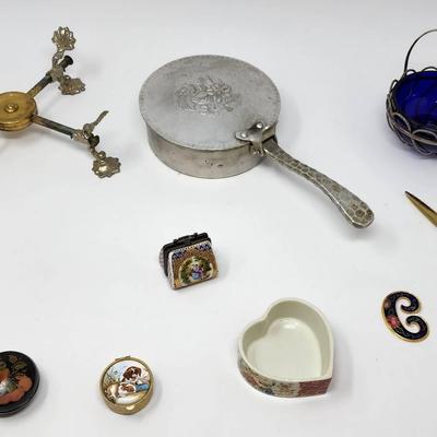 Antique Metal & Ceramic Pill Boxes/Trinket Boxes, Bed Warmer, Brass Trivet And More!
