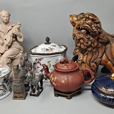 Asian Decor:  Sculptural Figure; Carved Foo Dog; and More