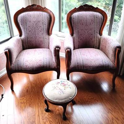 French Provincial Armchairs & Embroidered Stool 