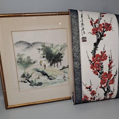 Signed Chinese Artwork:  Framed Watercolor and Handpainted Wall Scroll