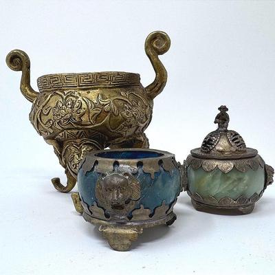Chinese Stone And Metal Incense Burners And Brass Brazier 