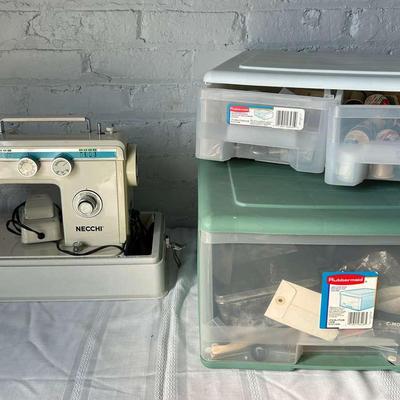 Necchi 534FB Sewing Machine and Several Bins of Sewing Notions