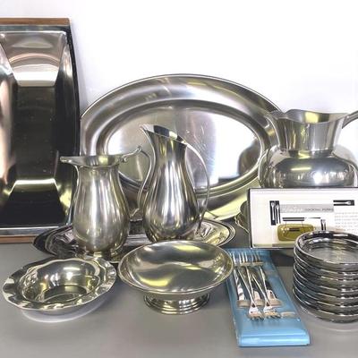 Midcentury Stainless Serveware With Preisne And Reed & Barton Pewter