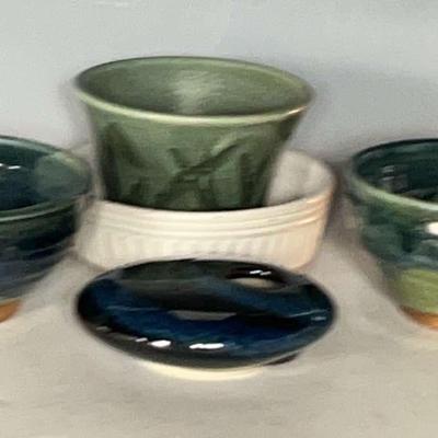 Studio Pottery With Bowls And Ikebana Vase With Frog