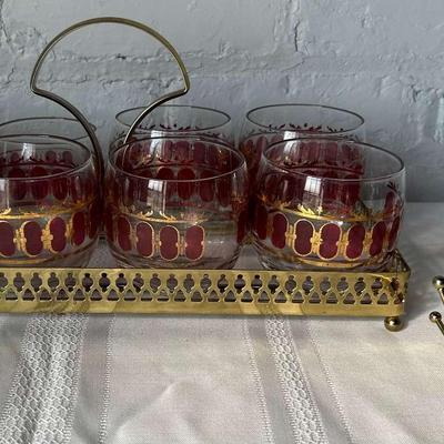 Mid Century Modern Culver "Cranberry Scroll" Roly Poly Glasses and Caddy with Bowl
