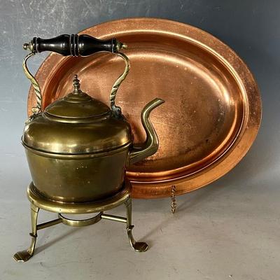 Antique English Brass Tea Kettle with Warming Stand and Large Copper Tray