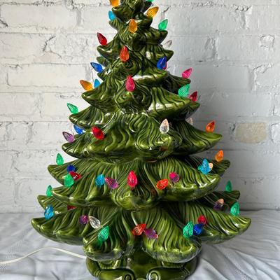 Large Vintage Green-Glazed Ceramic Lighted Christmas Tree, 1970s