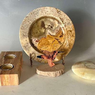 Stone Decorative Objects with an Enameled Metal Figure of a Hummingbird