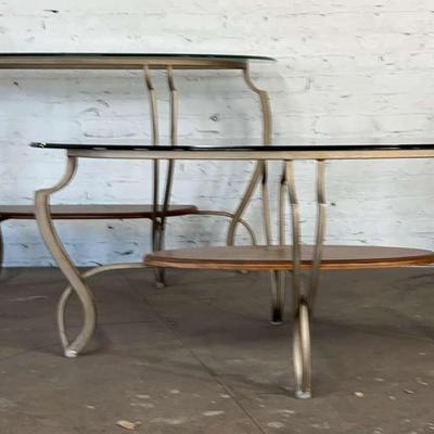 Matching Scrolled Metal & Shaped Edge Glass Console and Coffee Tables 