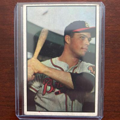 1953 Bowman Color Baseball Card. Eddie Mathews. Milwaukee Braves #97