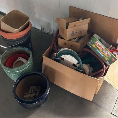 Gardening Lot with Hoses, Sprinkler, Pots and More