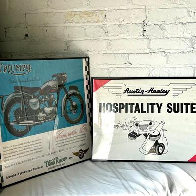 Vintage Triumph Motorcycles Advertising Poster with Humorous Austin-Healey Event Sign