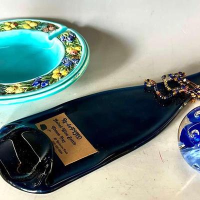 St. Clair Paperweight with Italian Ceramic Ashtray and Melted Wine Bottle Cheese Tray