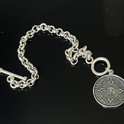 Sterling Silver .925 Mexican Aztec Calendar Charm Link Bracelet 