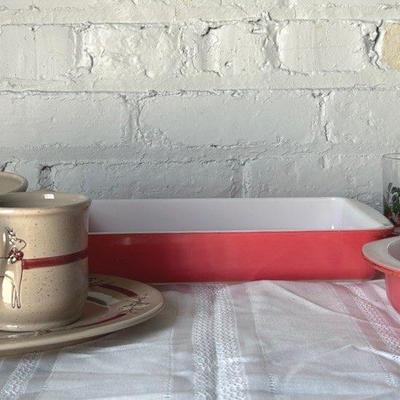 Christmas Tableware with Vintage Red Pyrex Bakeware, Reindeer Motif Milk and Cookies Set and More