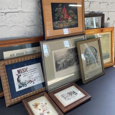 Vintage Cincinnati Print With Framed Needlepoint, Dried Flower Art And More