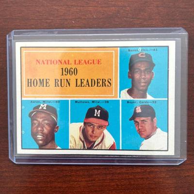 1960 Topps Baseball Card. Home Run Leaders. Hank Aaron, Ernie Banks, Ed Mathews, Ken Boyer