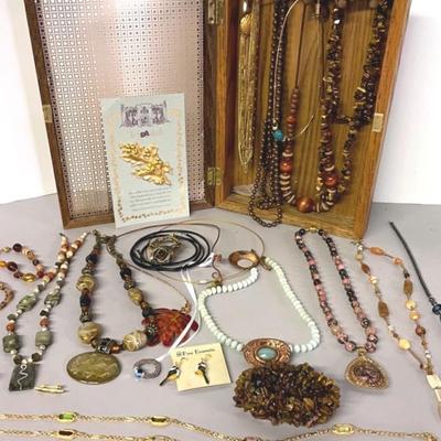 Costume Jewelry With Oak Jewelry Box 