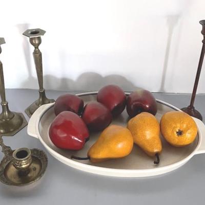 Brass Candlesticks With Wooden Fruit Decor On Lenox Temper Ware Tray