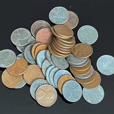 50 Wheat Pennies, 25 Copper & 25 WWII Steel