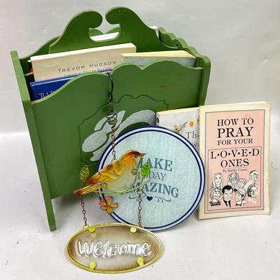 Vintage Wooden Magazine Holder with Books & Decor 