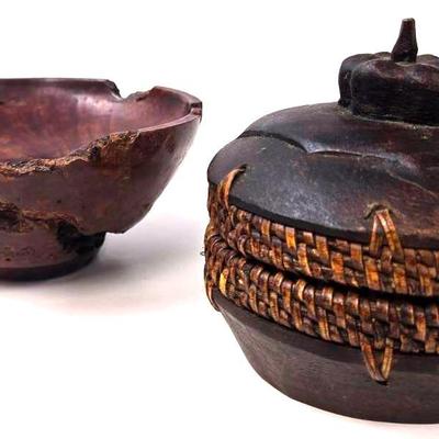Woven Wooden Trinket Box & Burl Wood Bowl