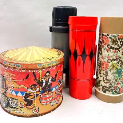 Vintage “Poul Friis” Circus Cookie Tin & "1960s Thermos"
