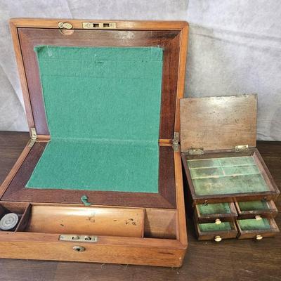 Antique Wood Writing Desk & Small Wooden Box With Drawers