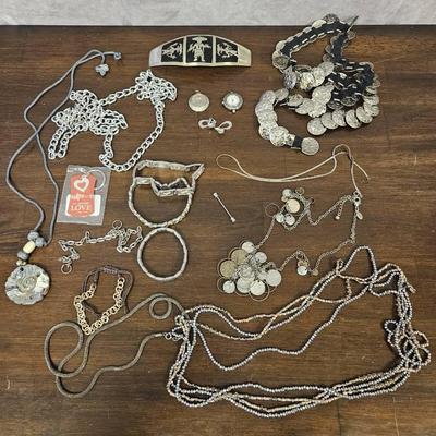 Various Silver Tone Jewelry Necklace Bracelets