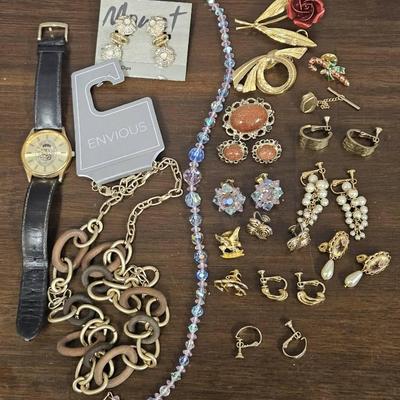 Gold Tone Jewelry Earrings Necklace Watch Pins