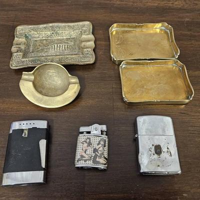Collection Various Of Ashtrays And Lighters