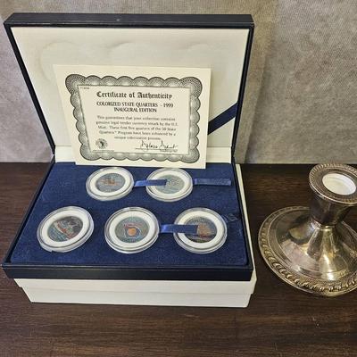 5 Statehood Quarters 1999 Inaugural Edition & Sterling Weighted Candlestick Holder