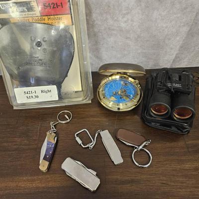Various Outdoor Items Including Pocket Knives And Binoculars 