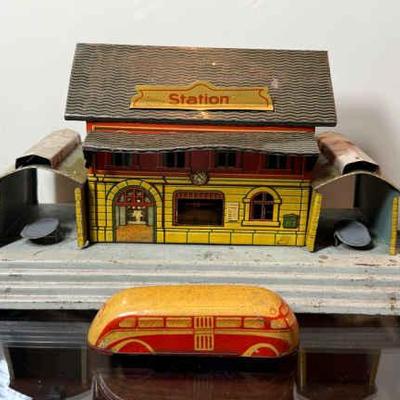 Vintage tin litho toy odol railway station"