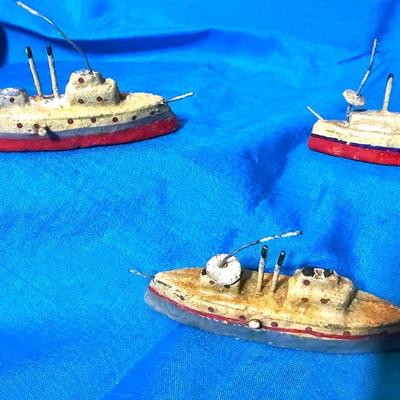 Antique composition toy miniature naval sailing ships