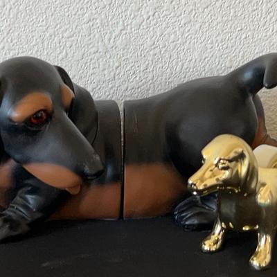 1983 Universal Statuary Corp. Dachshund Book Ends & Tape Dispenser