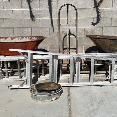 Outdoor items. Ladders, wheelbarrows, dolly.