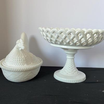 Milk Glass Hen In A Nest Covered Dish & Compote Dish