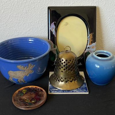 Brass Bell Candle Holder, Signed Pottery & Copper Enamel 