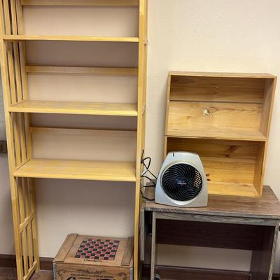 Assorted shelving, Coca-Cola checkers box and Vornado space heater