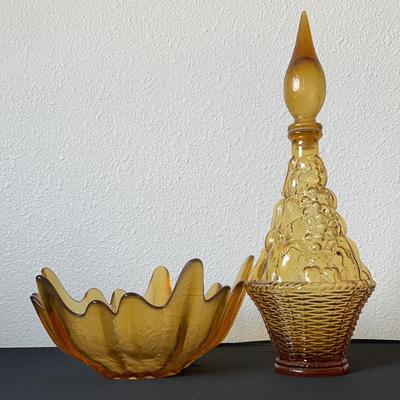  Amber glass Empoli  fruit & basket weave decanter & Bowl