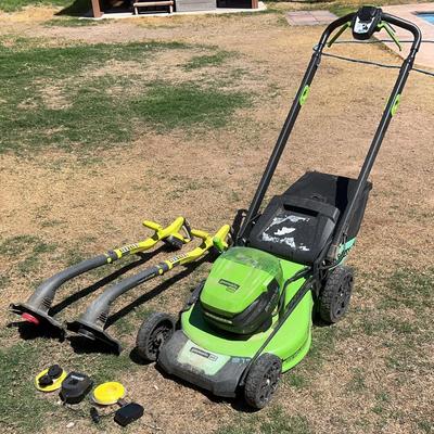 Green Works pro lawnmower, and two Ryobi Weedwhacker