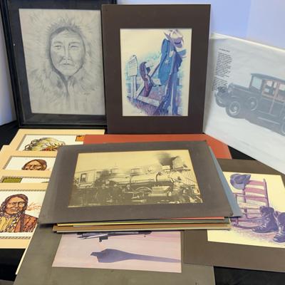 Assorted art prints. Native American, trains, automobiles, space.