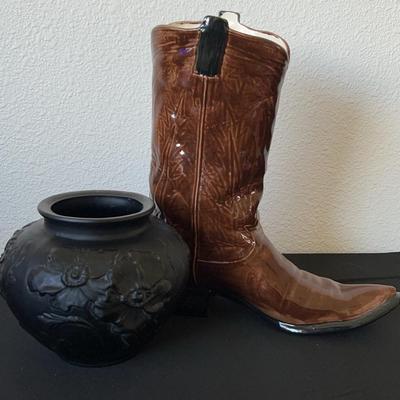 Signed Porcelain Cowboy Boot & Black Floral Base