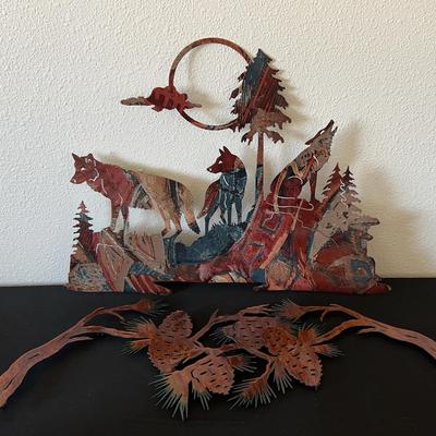 Metal Yard Art With Wolves & Pine Cones