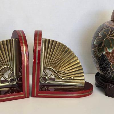 Art Deco Style Brass Fan Bookends & Ceramic Ginger Jar