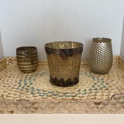 1 Mother Of Pearl Serving Tray & 3decorative Vases